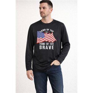 Patriotic Long Sleeve Shirt Land Of The Free American Flag Black Men L Stretch